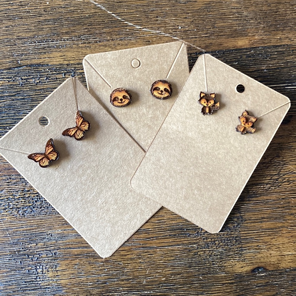 Set of 3 homemade wood earrings foxes butterflies sloths